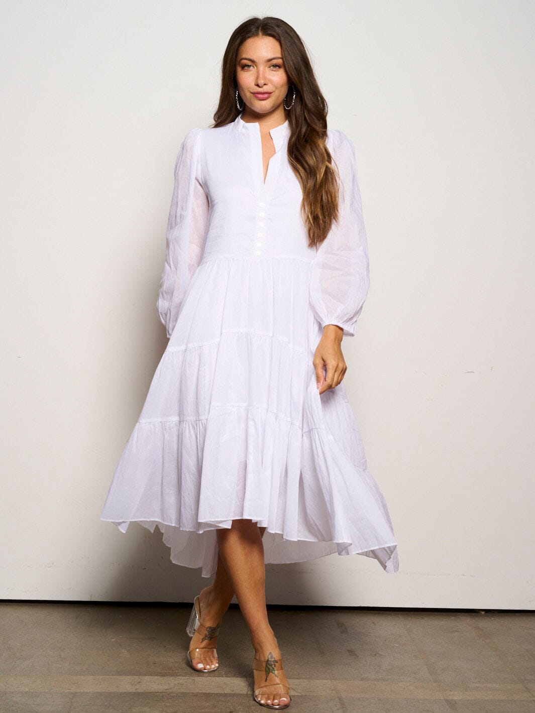 WOMEN'S LONG SLEEVE V-NECK BUTTON UP TIERED MAXI DRESS