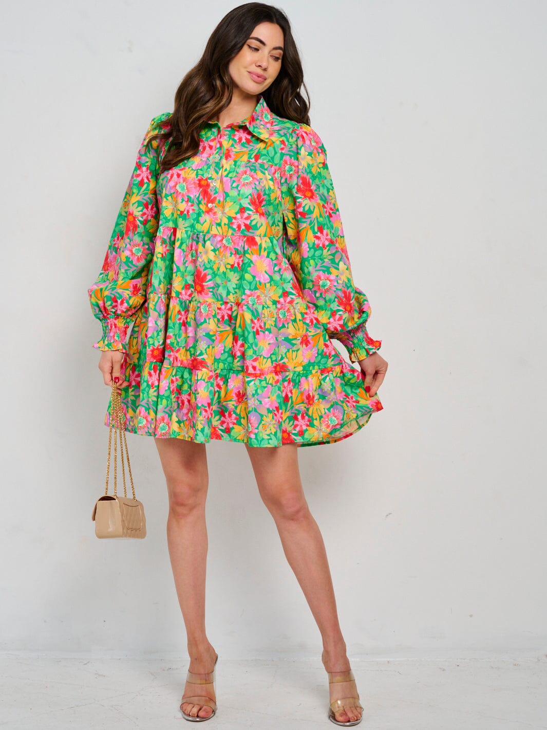 WOMEN'S LONG SLEEVE BUTTON UP FRONT POCKETS TUNIC FLORAL MINI DRESS