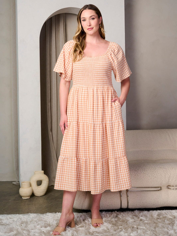 PLUS SIZE SHORT SLEEVE SMOCK POCKETS TIERED PLAID MAXI DRESS