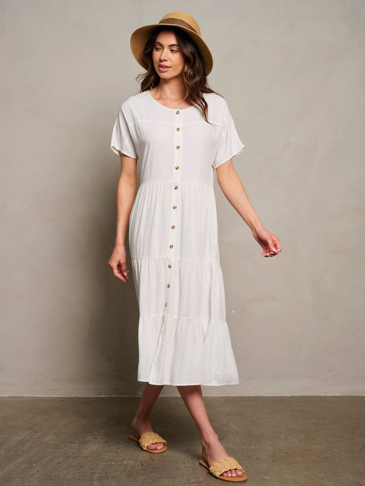 WOMEN'S SHORT SLEEVE TIERED BUTTON UP MAXI DRESS