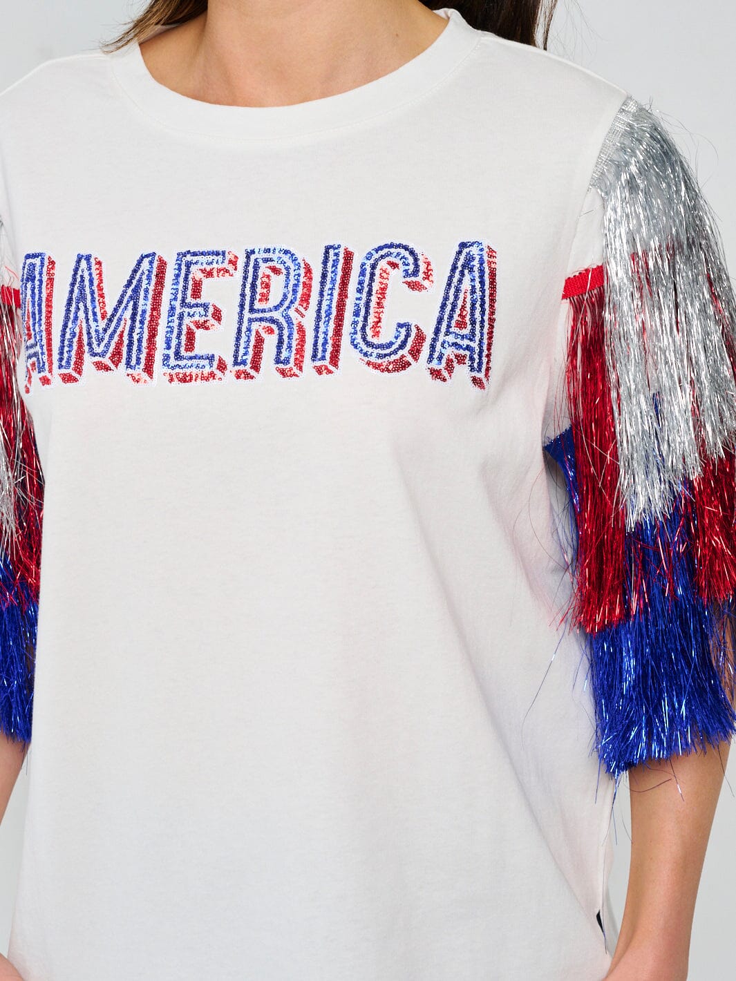 WOMEN'S SHORT FRINGE SLEEVE HIGH-LOW PATRIOTIC SHIRT