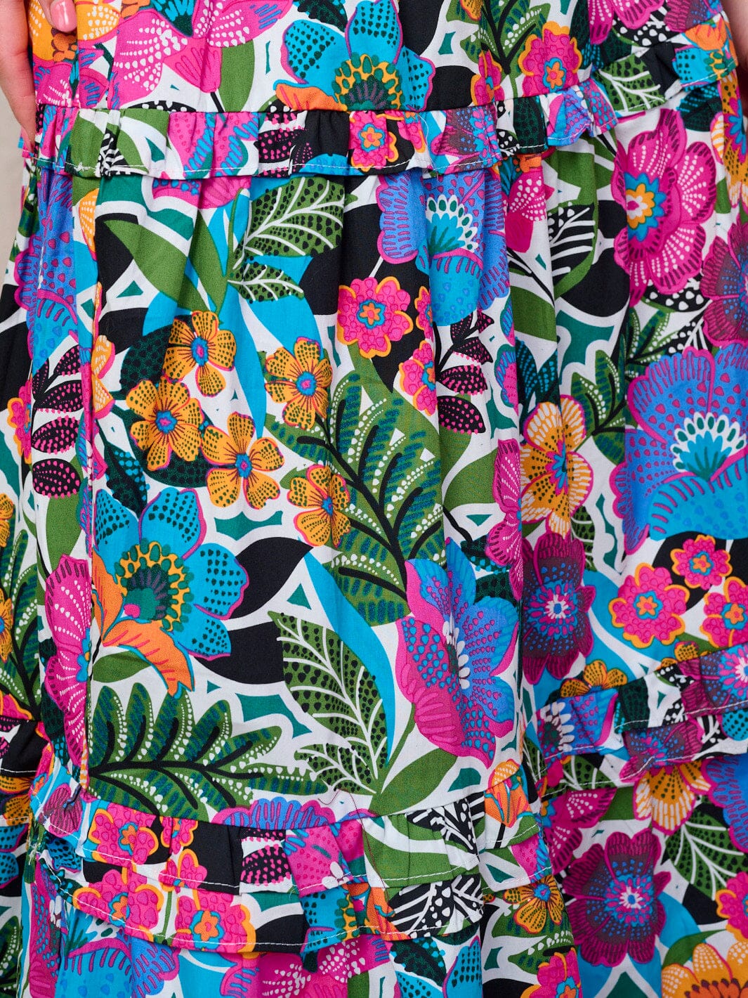 WOMEN'S ELASTIC WAIST FRONT POCKETS TIERED FLORAL MAXI SKIRT