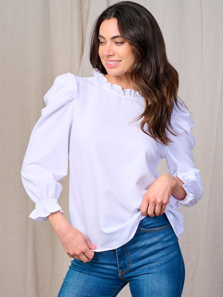 WOMEN'S LONG PUFF SLEEVES RUFFLE TRIM NECK BLOUSE