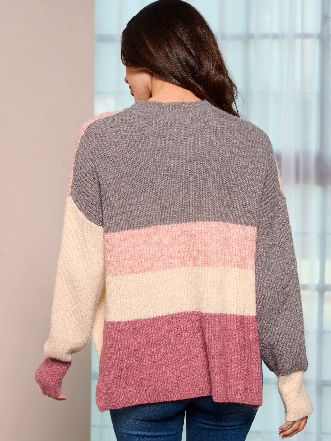 WOMEN'S LONG SLEEVE COLORBLOCK SIDE SLIT PULLOVER SWEATER