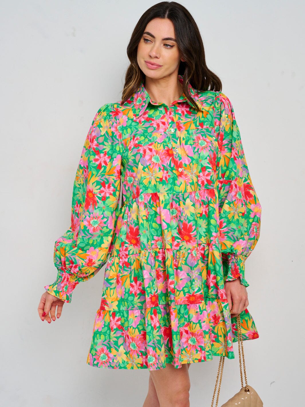 WOMEN'S LONG SLEEVE BUTTON UP FRONT POCKETS TUNIC FLORAL MINI DRESS