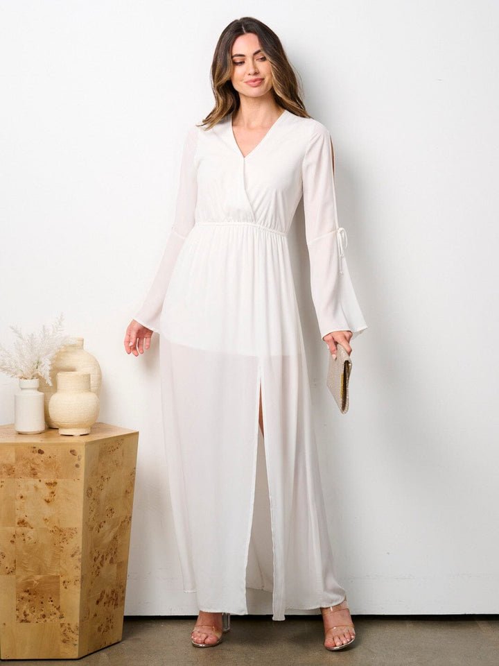 WOMEN'S LONG BELL SLEEVE FRONT SLIT SURPLICE MAXI DRESS
