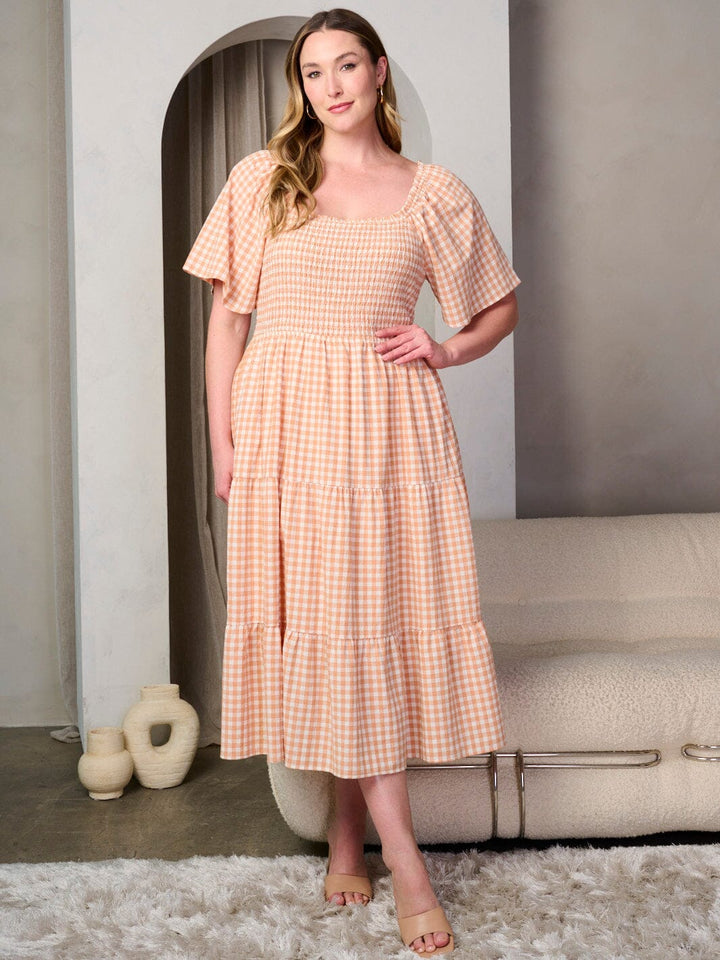 PLUS SIZE SHORT SLEEVE SMOCK POCKETS TIERED PLAID MAXI DRESS
