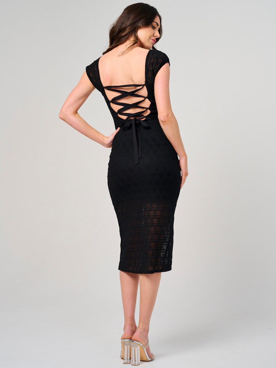 WOMEN'S SHORT SLEEVE SQUARE NECK OPEN BACK BODYCON MIDI DRESS