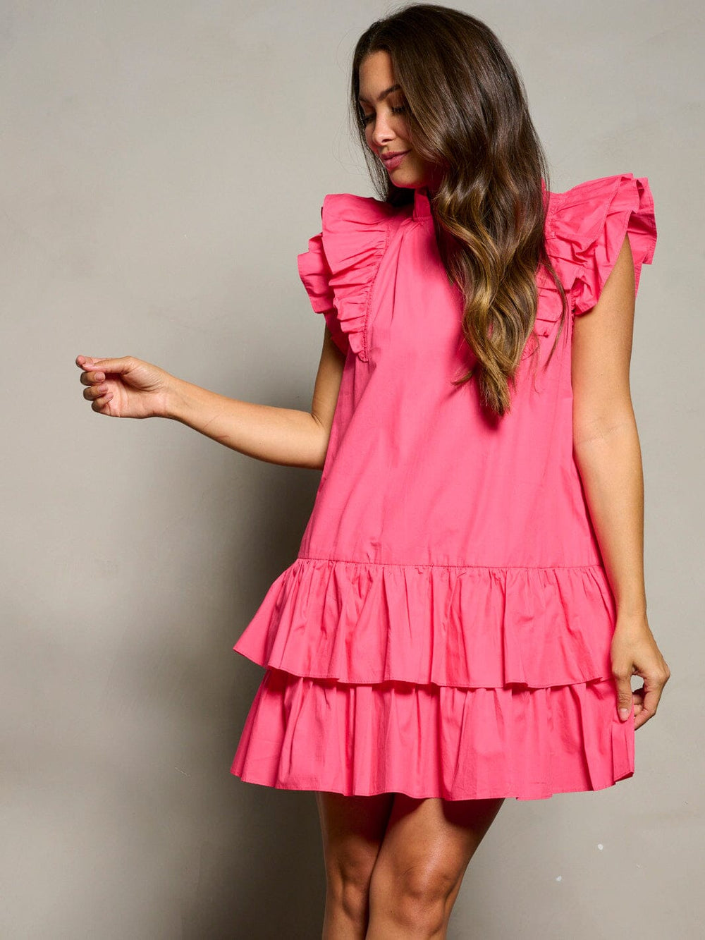 WOMEN'S SHORT RUFFLE SLEEVE V-NECK POCKETS TIERED TUNIC MINI DRESS