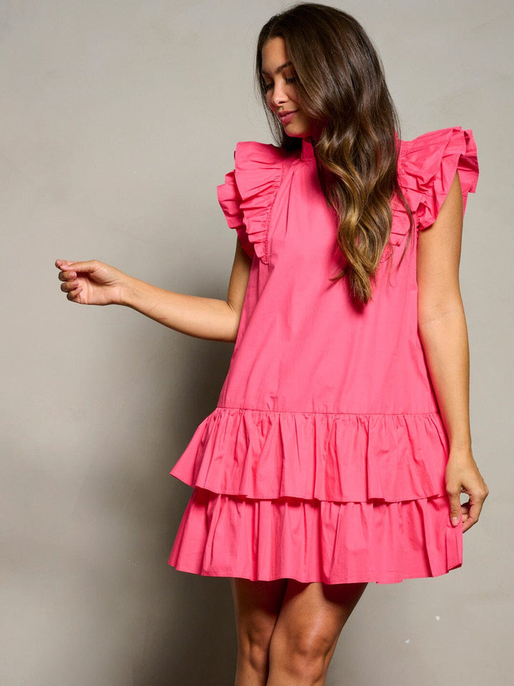 WOMEN'S SHORT RUFFLE SLEEVE V-NECK POCKETS TIERED TUNIC MINI DRESS