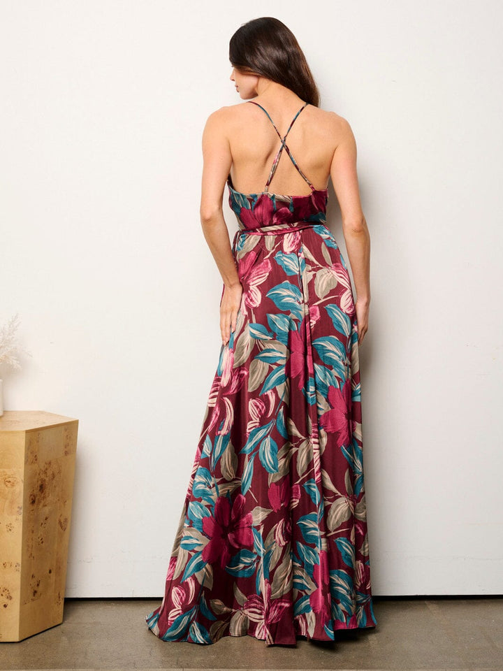 WOMEN'S SLEEVELESS V-NECK OPEN BACK FLORAL WRAP MAXI DRESS