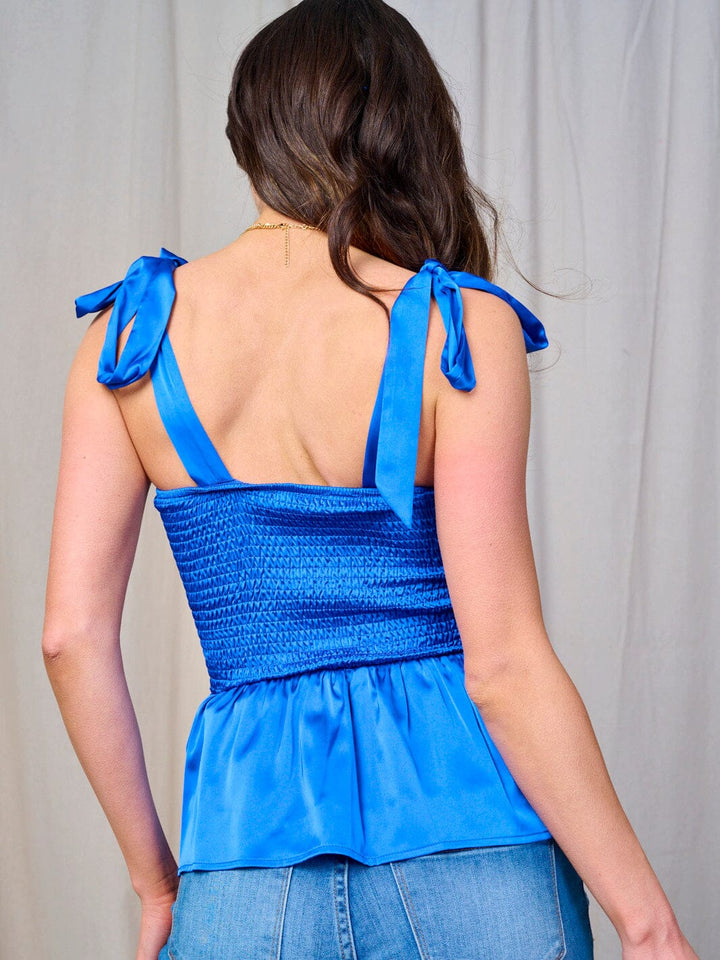 WOMEN'S SLEEVELESS SMOCK PEPLUM SATIN TANK TOP