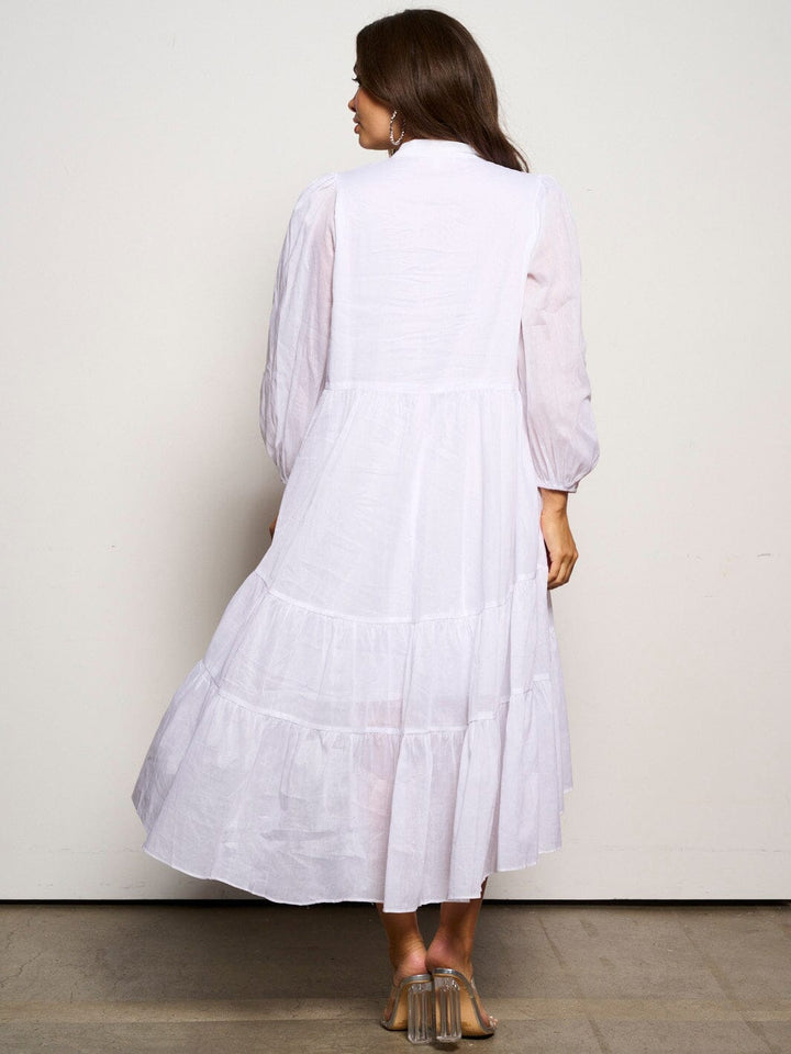 WOMEN'S LONG SLEEVE V-NECK BUTTON UP TIERED MAXI DRESS