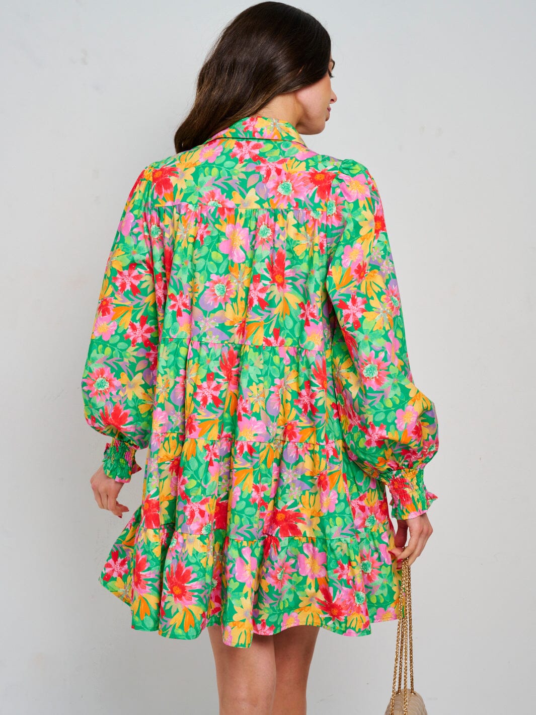 WOMEN'S LONG SLEEVE BUTTON UP FRONT POCKETS TUNIC FLORAL MINI DRESS