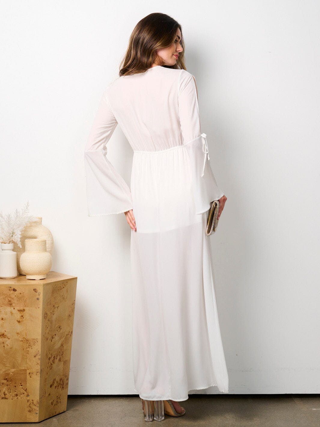 WOMEN'S LONG BELL SLEEVE FRONT SLIT SURPLICE MAXI DRESS