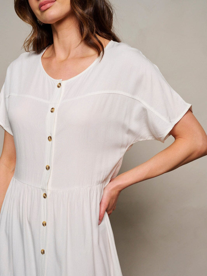 WOMEN'S SHORT SLEEVE TIERED BUTTON UP MAXI DRESS