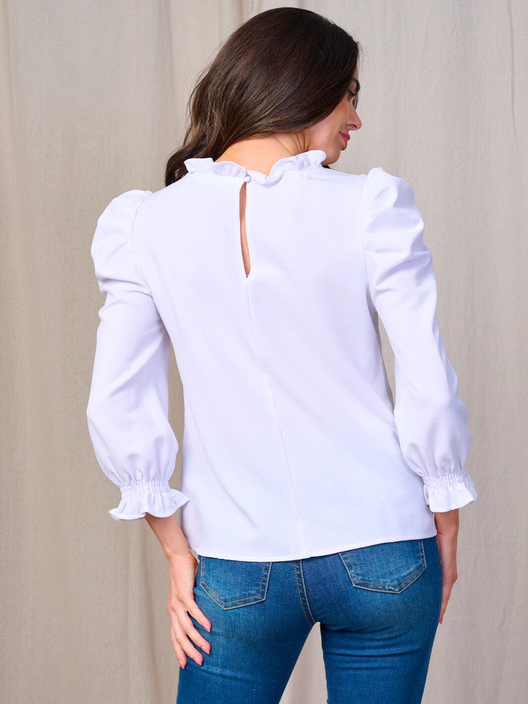 WOMEN'S LONG PUFF SLEEVES RUFFLE TRIM NECK BLOUSE