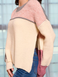 WOMEN'S LONG SLEEVE COLORBLOCK SIDE SLIT PULLOVER SWEATER