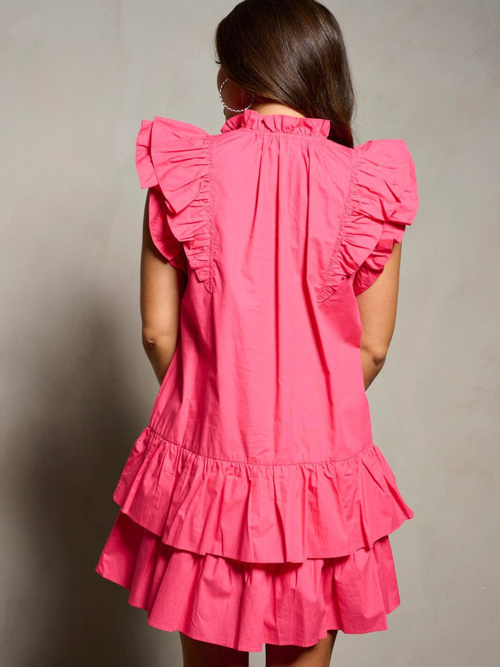 WOMEN'S SHORT RUFFLE SLEEVE V-NECK POCKETS TIERED TUNIC MINI DRESS