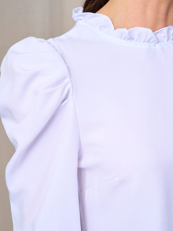 WOMEN'S LONG PUFF SLEEVES RUFFLE TRIM NECK BLOUSE