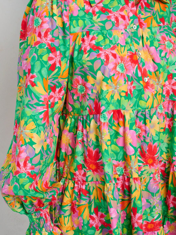 WOMEN'S LONG SLEEVE BUTTON UP FRONT POCKETS TUNIC FLORAL MINI DRESS