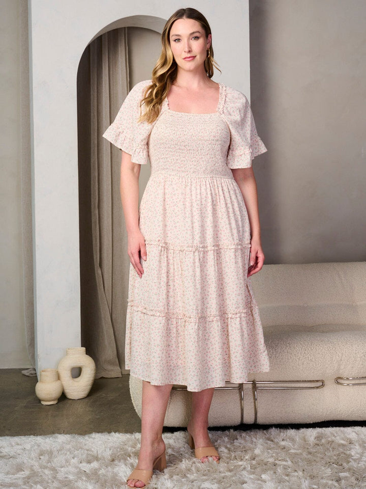 PLUS SIZE SHORT SLEEVE SMOCK TIERED FLORAL MAXI DRESS