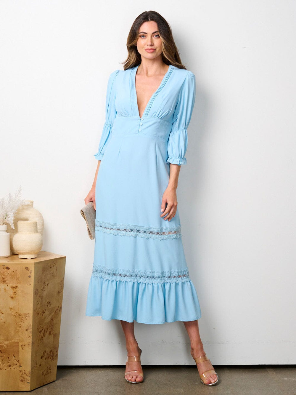 WOMEN'S 3/4 SLEEVE V-NECK RUFFLE BOTTOM HEM MAXI DRESS
