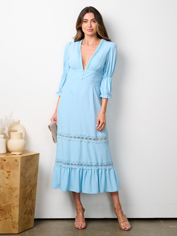 WOMEN'S 3/4 SLEEVE V-NECK RUFFLE BOTTOM HEM MAXI DRESS