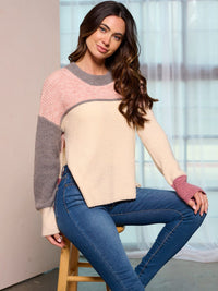 WOMEN'S LONG SLEEVE COLORBLOCK SIDE SLIT PULLOVER SWEATER