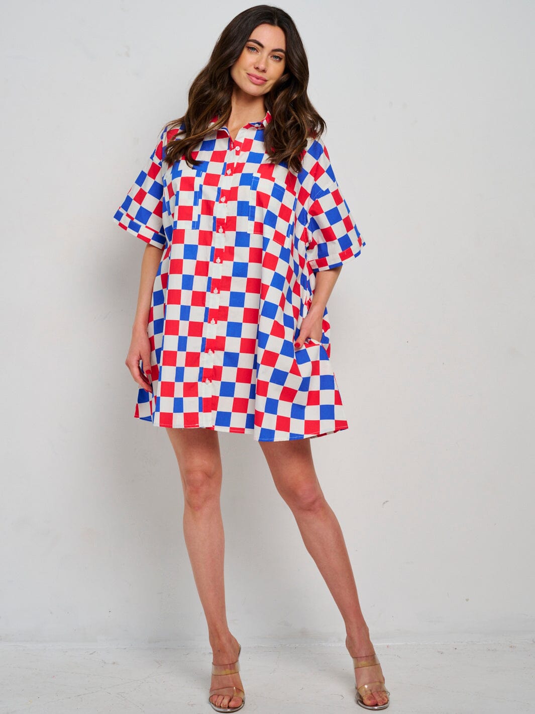 WOMEN'S SHORT SLEEVE BUTTON UP FRONT POCKETS CHECKERS TUNIC MINI DRESS