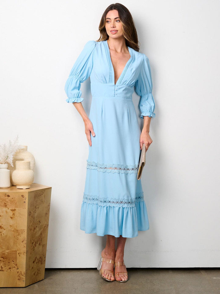 WOMEN'S 3/4 SLEEVE V-NECK RUFFLE BOTTOM HEM MAXI DRESS