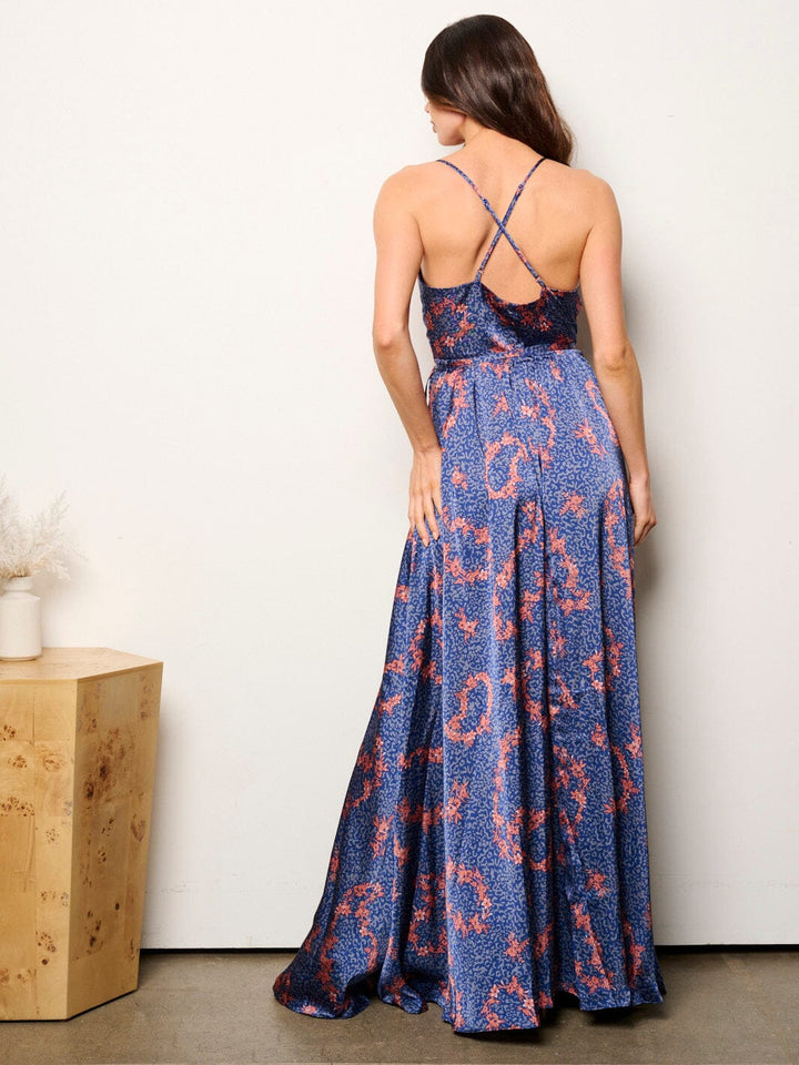 WOMEN'S SLEEVELESS V-NECK OPEN BACK FLORAL WRAP MAXI DRESS