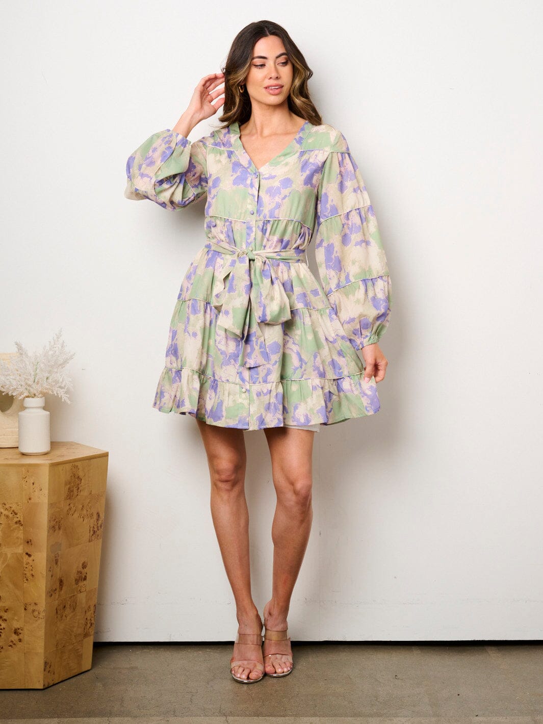 WOMEN'S LONG SLEEVE BUTTON UP TIERED FLORAL MINI DRESS