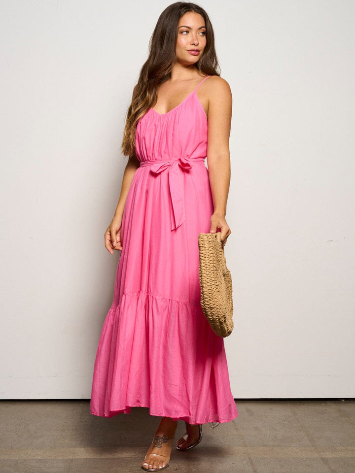 WOMEN'S SLEEVELESS V-NECK TIERED SELF TIE MAXI DRESS