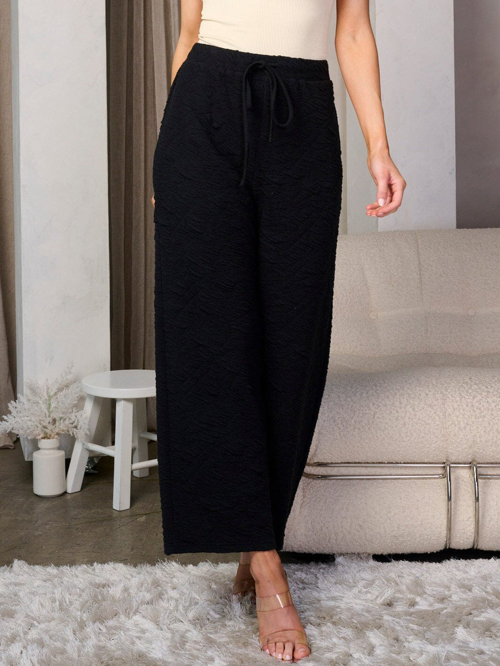 WOMEN'S ELASTIC WAIST POCKETS SELF TIE DETAILED WIDE LEG PANTS