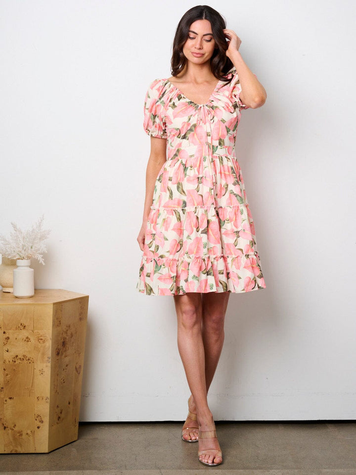 WOMEN'S SHORT PUFF SLEEVE V-NECK FLOWER TIERED MINI DRESS