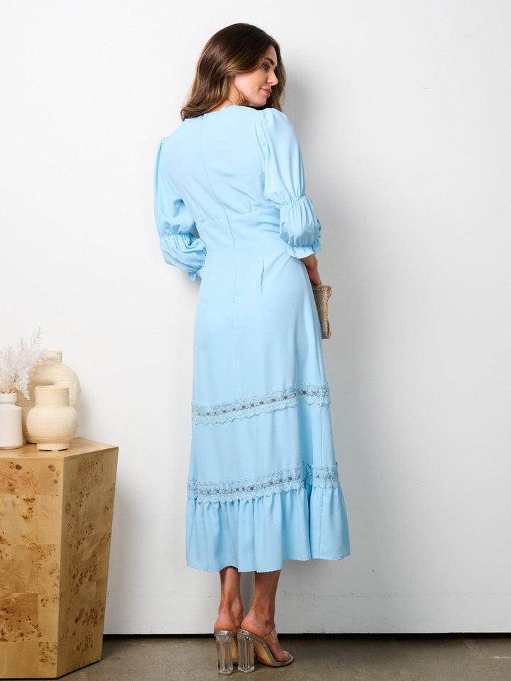 WOMEN'S 3/4 SLEEVE V-NECK RUFFLE BOTTOM HEM MAXI DRESS