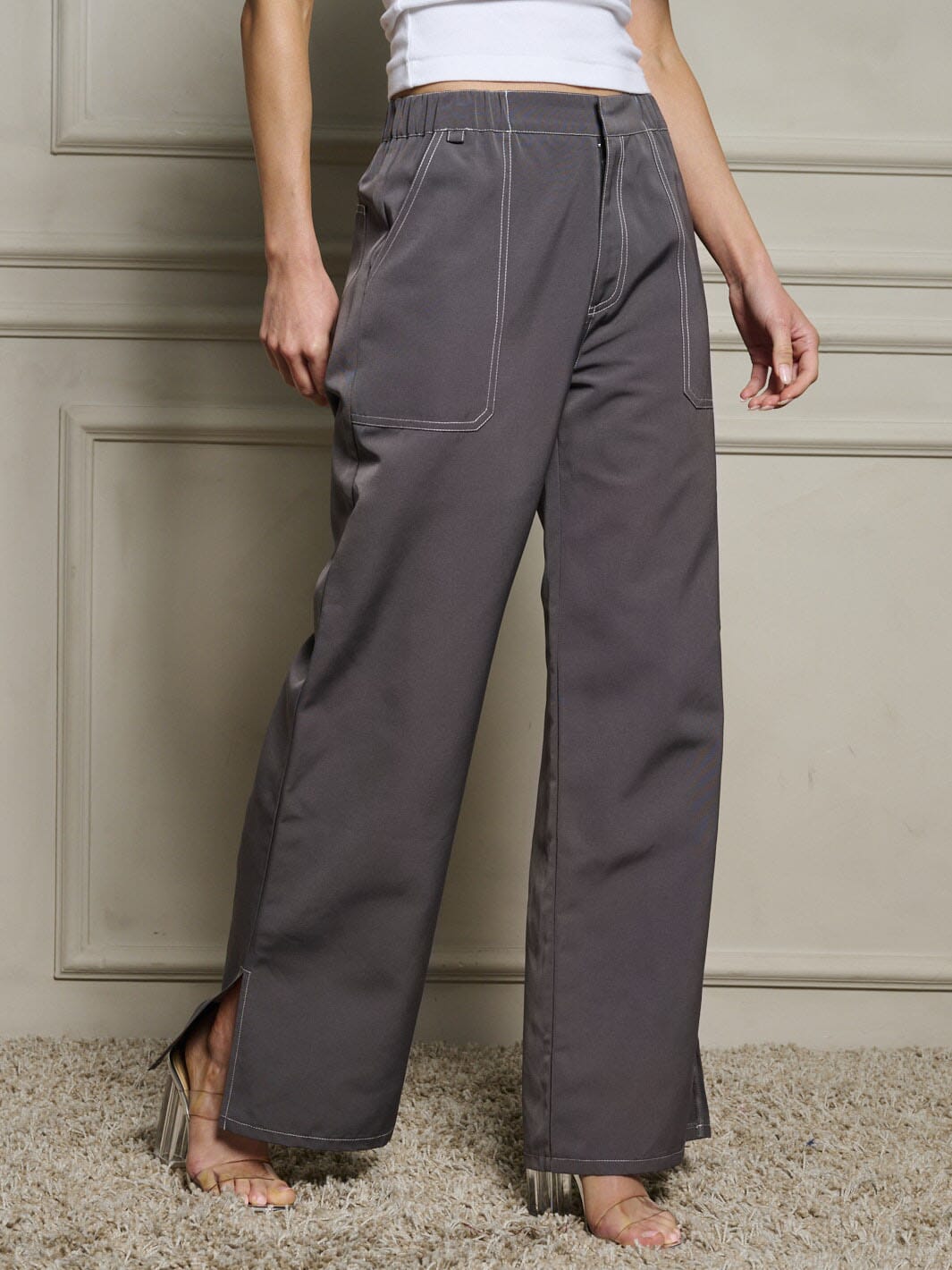 WOMEN'S BUTTON CLOSURE POCKETS WIDE LEG PANTS