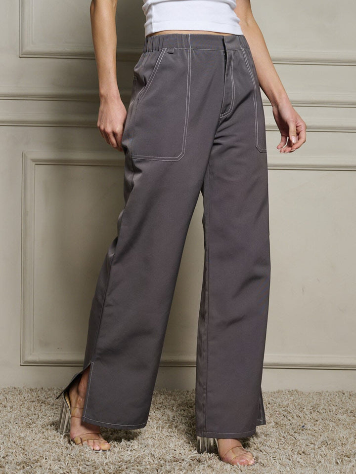 WOMEN'S BUTTON CLOSURE POCKETS WIDE LEG PANTS