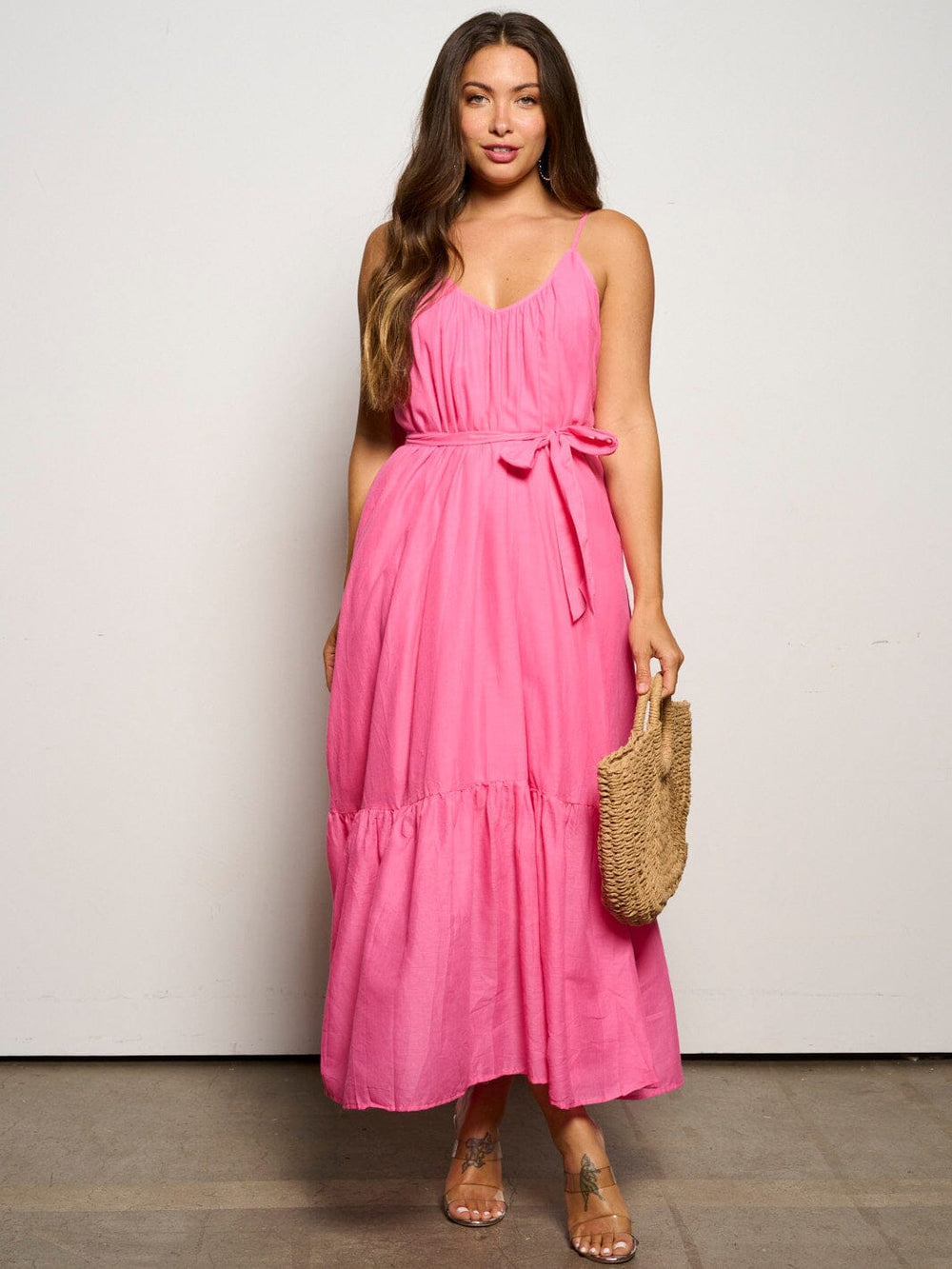 WOMEN'S SLEEVELESS V-NECK TIERED SELF TIE MAXI DRESS
