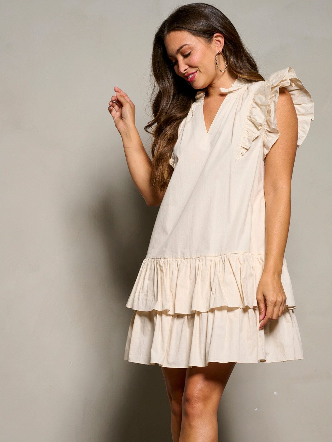 WOMEN'S SHORT RUFFLE SLEEVE V-NECK POCKETS TIERED TUNIC MINI DRESS