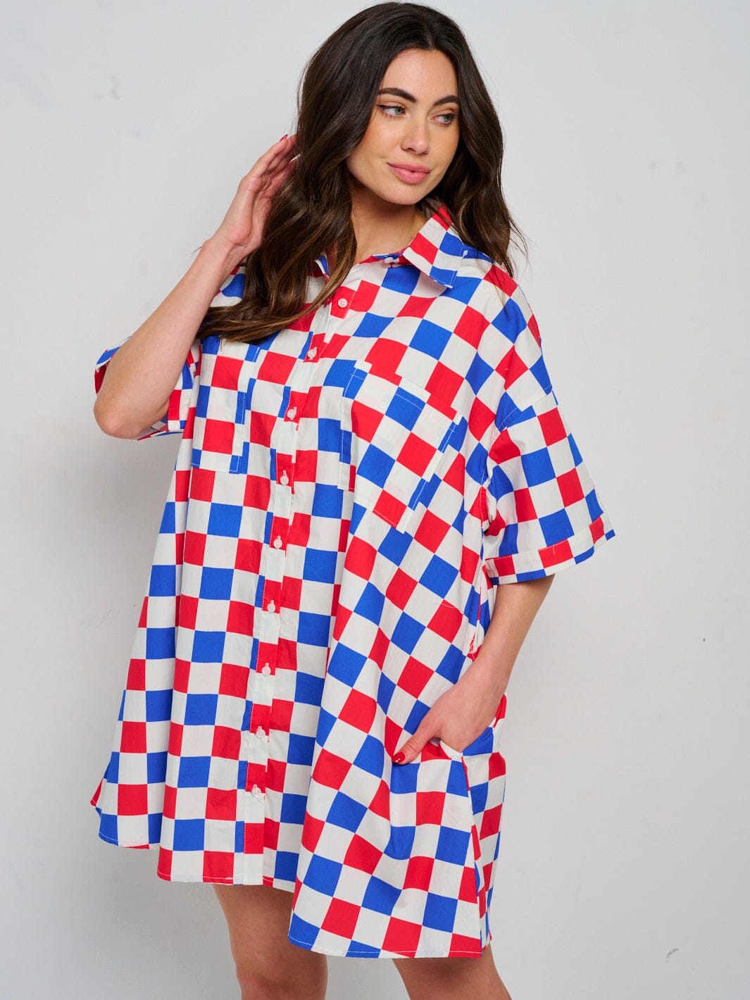 WOMEN'S SHORT SLEEVE BUTTON UP FRONT POCKETS CHECKERS TUNIC MINI DRESS
