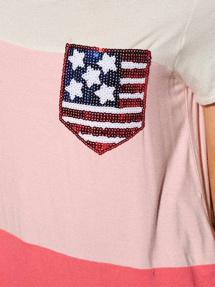 WOMEN'S SHORT SLEEVE COLOR BLOCK POCKET FLAG PATCH TOP