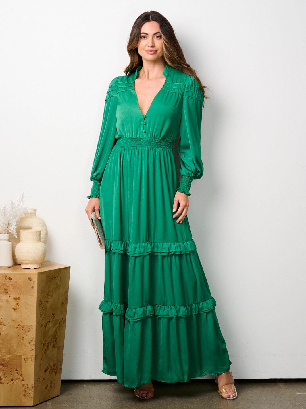 WOMEN'S LONG SLEEVE V-NECK RUFFLE TIERED MAXI DRESS
