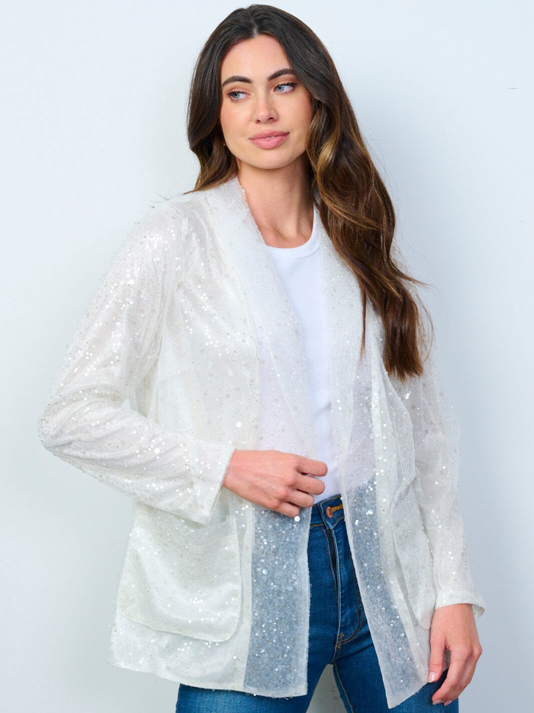 WOMEN'S LONG SLEEVE OPEN FRONT POCKETS SEQUINS BLAZER