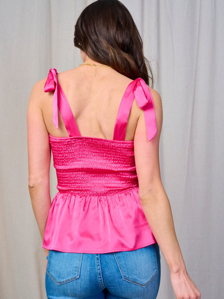 WOMEN'S SLEEVELESS SMOCK PEPLUM SATIN TANK TOP