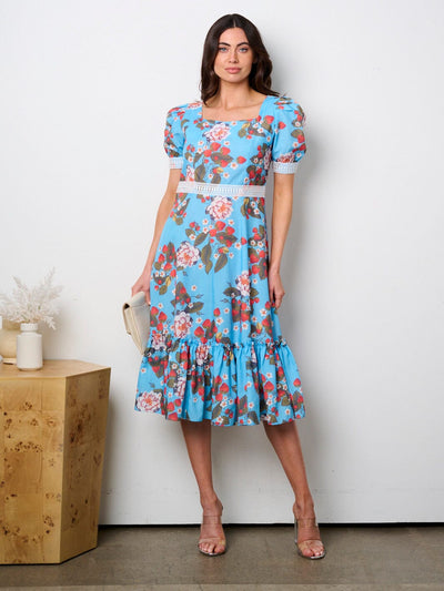 WOMEN'S SHORT PUFF SLEEVE FIT & FLARE FLORAL MIDI DRESS