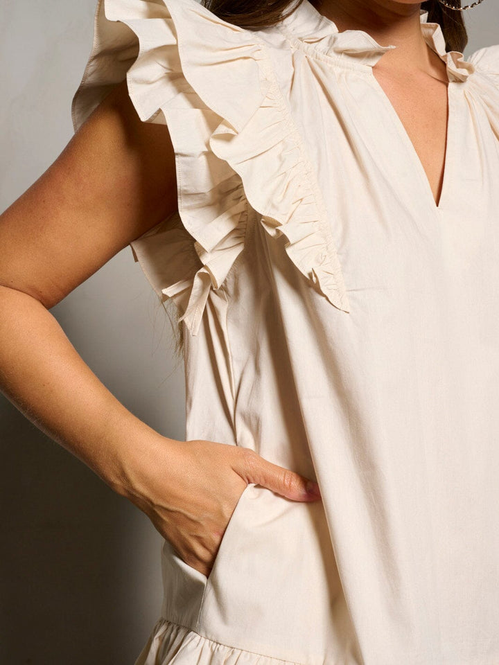WOMEN'S SHORT RUFFLE SLEEVE V-NECK POCKETS TIERED TUNIC MINI DRESS