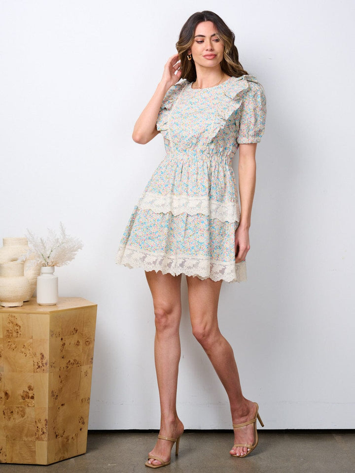 WOMEN'S SHORT PUFF SLEEVE RUFFLE FLORAL EMBROIDERY MINI DRESS