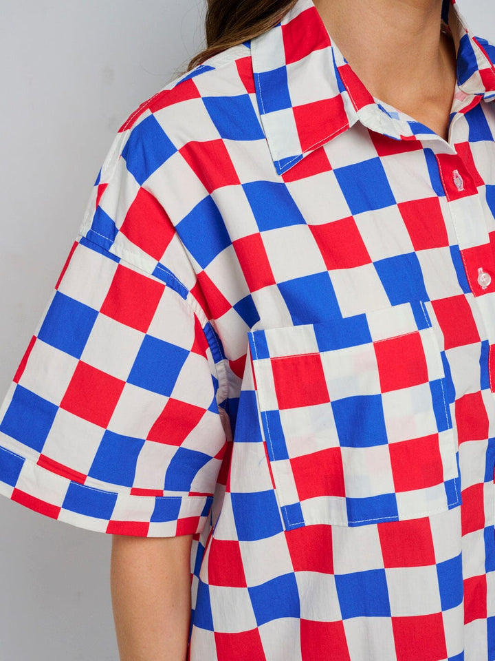 WOMEN'S SHORT SLEEVE BUTTON UP FRONT POCKETS CHECKERS TUNIC MINI DRESS